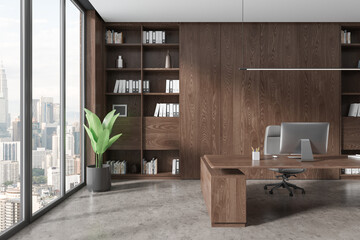 Wooden CEO office with bookcase