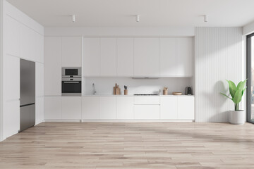 Fototapeta na wymiar Stylish home kitchen interior with cooking room, fridge and panoramic window