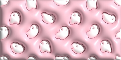 3d Halloween banner with cute ghosts. Seamless pattern with cute ghosts on pink background. Halloween Phone Wallpaper. Cute ghost wallpaper retro aesthetic. Illustration background for Halloween