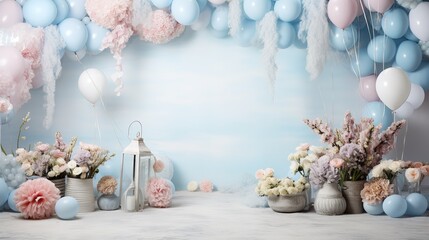 Scene decorated with balloons and flowers in the background, light blue and light gray style, mysterious backgrounds
