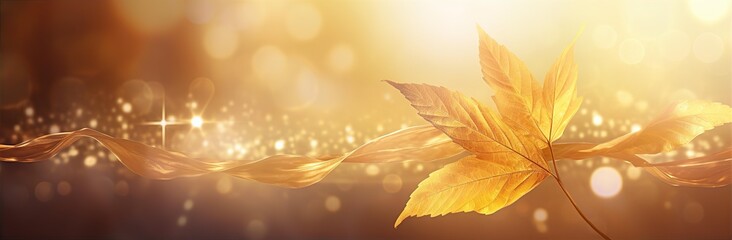 Yellow autumn leaves, sunlight effect shining through leaves, nature, light brown, gold and amber, with water drops, glitter and fabric ribbon