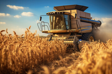 Fototapeta premium Harvester machine harvest wheat on the field. Agriculture, countryside, equipment concept. Farming organic food.