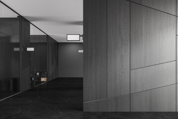 Dark business office interior with glass rooms and corridor, mockup plate