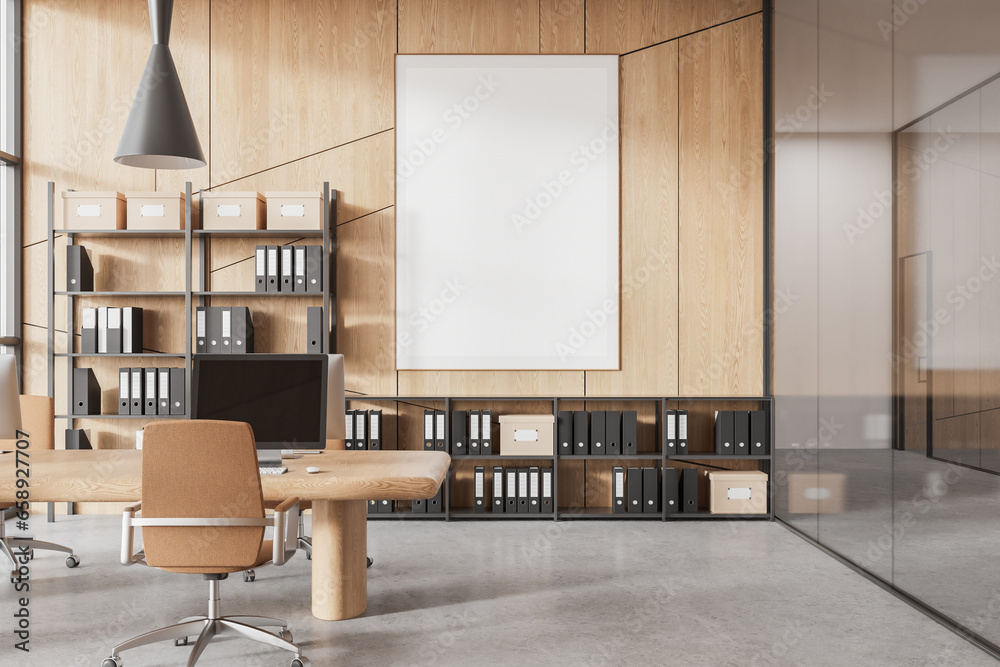 Sticker modern office room interior with pc computers and shelf. mockup frame