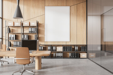 Modern office room interior with pc computers and shelf. Mockup frame
