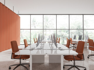 Panoramic orange open space office interior