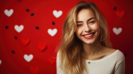 Obraz na płótnie Canvas Happy girl on red background on Valentine's Day, real photo