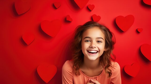 Happy girl on red background on Valentine's Day, real photo
