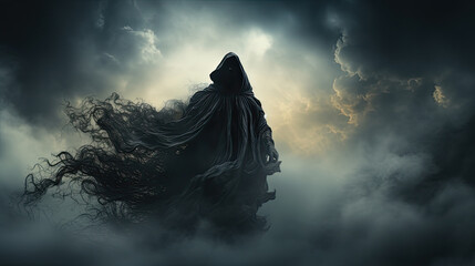 The dementor flying in the wide sky on crazy storm. - obrazy, fototapety, plakaty