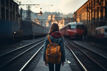 beautiful girl walking along a train line