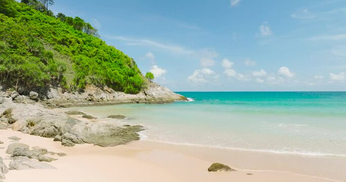 Relaxing day on an empty sea beach Visit the beautiful sandy beach Beaches of Phuket Thailand, video travel forward gorgeous tropical sea beach The beach is empty and devoid of people and tourists.