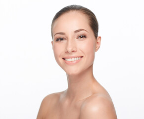 Woman, skincare and studio for beauty portrait or cosmetic skin peel, spa glow or smile. Female...