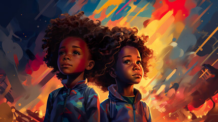 An impactful illustration featuring African American children against a backdrop filled with vivid and colorful elements