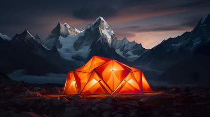 An illuminated orange tent pitched amidst the mountains, set against a majestic mountain range