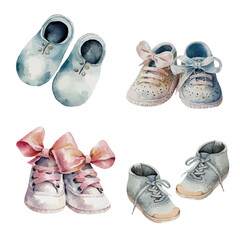 Watercolor colorful baby shoes collection, isolated on white background. Set contains several pairs of different shoes