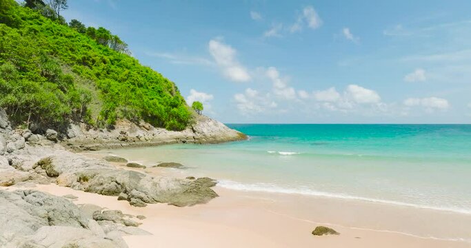 Relaxing day on an empty sea beach Visit the beautiful sandy beach Beaches of Phuket Thailand, video travel forward gorgeous tropical sea beach The beach is empty and devoid of people and tourists.