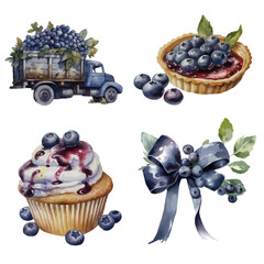 Watercolor vector blueberry set of different items, isolated on white background. Set contains blueberry bow, truck with blueberry, strawberry cupcake and tart.