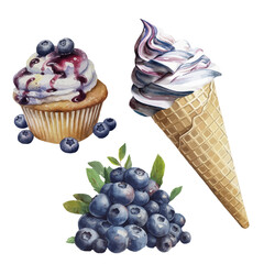 Watercolor blueberry sweet collection of Ice cream, cupcake, pile of berries, isolated on white background. Vector set contains three different blueberry items. 