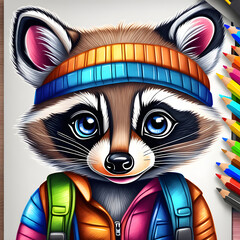 Colorful Raccoon: Drawn with Colored Pencils, Cuteness Captured.(Generative AI)