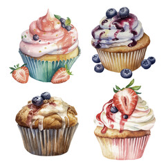 Watercolor collection of glazed jam cupcakes with berries, isolated on white background. Set contains four glazed cupcakes with blueberry, strawberry, cream on top.