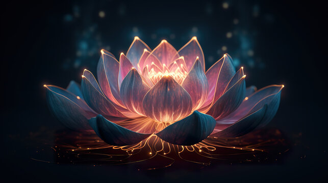 An exquisite depiction featuring a stunning lotus flower elegantly poised against a dark and dramatic background