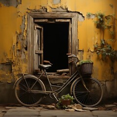 An old bicycle against a brick building in a beautiful environment