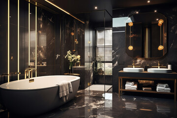 Bathroom interior design in black and gold colours. Luxury.  - obrazy, fototapety, plakaty