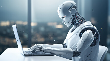 Artificial intelligence robot working at computer in office. IT team, Humanoid support center, Futuristic worker, Work at call center. Generative AI - obrazy, fototapety, plakaty