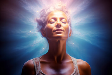 Portrait of an elderly woman with a glow around her head. Concept of spirituality, energy, mental health. 