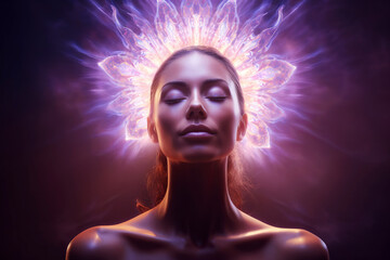 Portrait of a relaxed young woman with closed eyes and glowing energy around her head. 