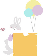 happy easter with bunny rabbit holding blank sign and balloon, flat png transparent element character design