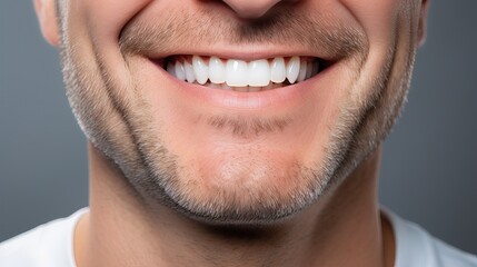 Smiling middle aged Caucasian man with perfectly white even teeth. Smiling mouth close up. Tooth whitening concept. Photo on grey background.