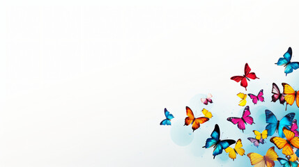 A group of butterflies flying through the air on a white