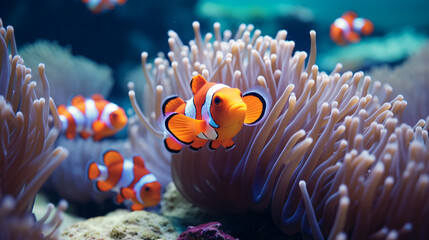 Naklejka na ściany i meble A group of clown fish swimming around anemone.