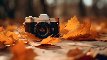 Old vintage camera among autumn leaves