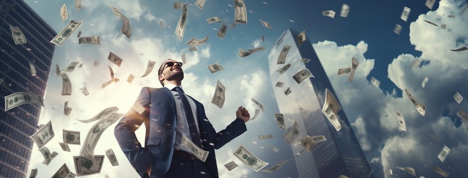 A businessperson is celebrating victory and profit, with a business building in the background and dollars falling from the sky.