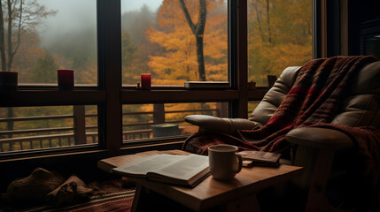 Beautiful view on autumn forest , cozy atmosphere in the house
