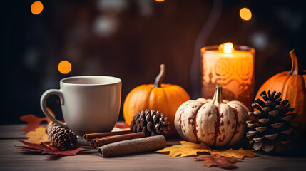 Fototapeta premium Cup of aromatic tea, candle, pumpkins and autumn leaves on wooden table