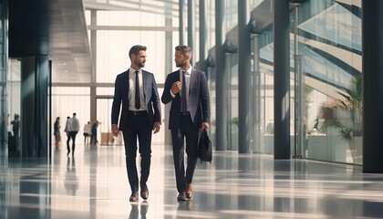 Two businessmen are walking and talking through the modern hallway of a business building. Copy space.