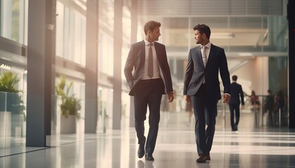 Two businessmen are walking and talking through the modern hallway of a business building.