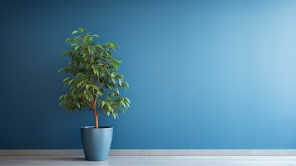 Fresh green leaves of tropical palm against blue wall background and bright shadows.
