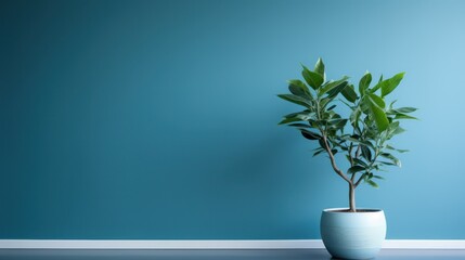 Fresh green leaves of tropical palm against blue wall background and bright shadows.