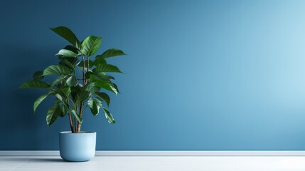 Fresh green leaves of tropical palm against blue wall background and bright shadows.