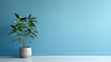 Fototapeta na wymiar Fresh green leaves of tropical palm against blue wall background and bright shadows.