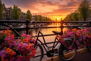 Beautiful sunset over Amsterdam canals with bicycles and colorful flowers. Beautiful sunrise over Amsterdam, The Netherlands, with flowers and bicycles on the bridge in spring, AI Generated - obrazy, fototapety, plakaty