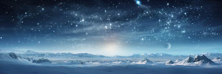 Panoramic snowy background at night, winter wonderland, sky and stars, tranquil scene