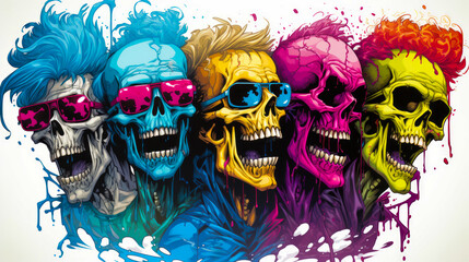Group of colorful skulls with sunglasses on their heads and splash of paint on their face.
