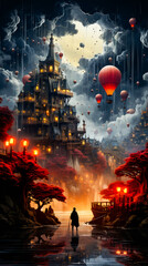 Image of city with hot air balloons floating in the sky.