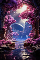 Image of fantasy landscape with river running through it.