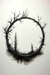 Black and white drawing of circle with trees in it.